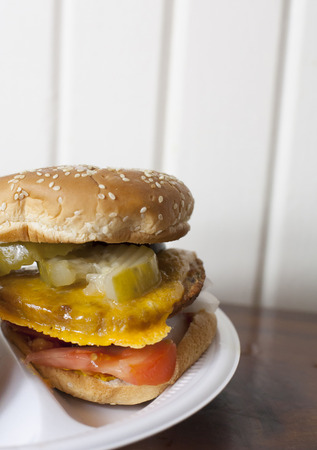 Veggie cheeseburger with pickles, tomatoes and ketchupの写真素材