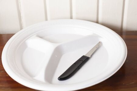 Empty white polystyrene plate with a single paring knife
