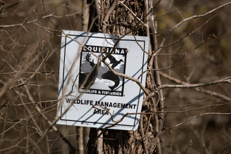 RUSSELL SAGE WILDLIFE MANAGEMENT AREA, MONROE, LOUISIANA/USA - FEBRUARY 24, 2020: Sign marking a Louisiana Wildlife Management Area.のeditorial素材