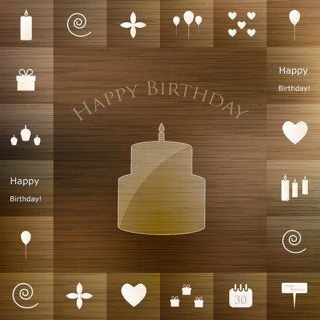 Set of vector birthday party elements on wood background.のイラスト素材