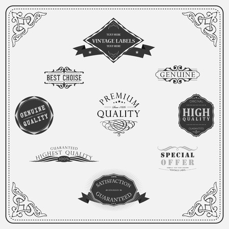 Retro elements for calligraphic designs | Vintage ornaments | Premium Quality labels | Guaranteed, Coffee and Genuine labelsのイラスト素材