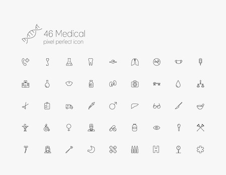 Medical line icons for web, internet, computer, mobile apps, interface design: medicine personal, nurse, doctor, pill, thermometer, health, pharmacy, hospital, ambulance symbolのイラスト素材