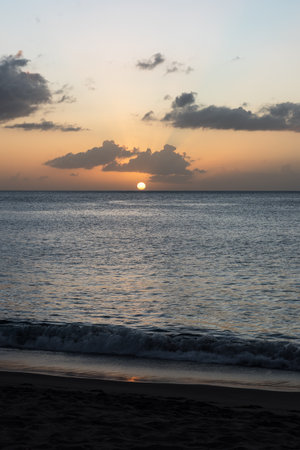 Early Winter Saint Lucia Beach Sunset, on the Caribbean waters looking West.の写真素材