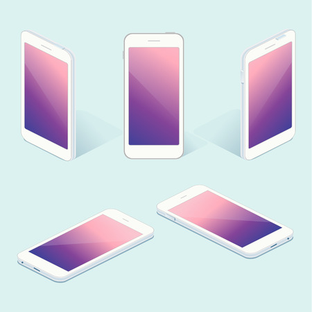 White Mobile phone from four sides icon set vector graphic illustration. Isometric view of the front, back, right, left and topのイラスト素材