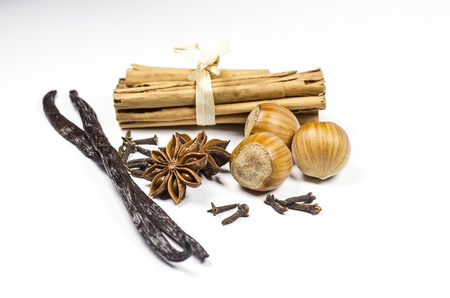 Spice and nuts on white
