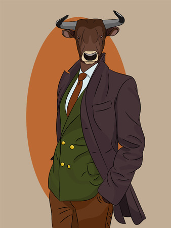 Bull man dressed up in suit and coat. Vintage fashion. Anthropomorphic vector illustration eps8のイラスト素材