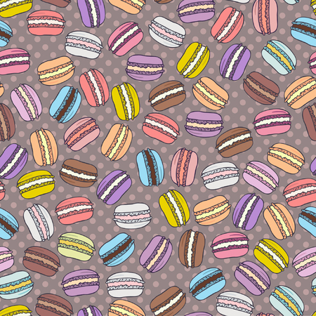 Seamless pattern with assorted colorful macarons on polka dot background. Vector illustration eps8のイラスト素材