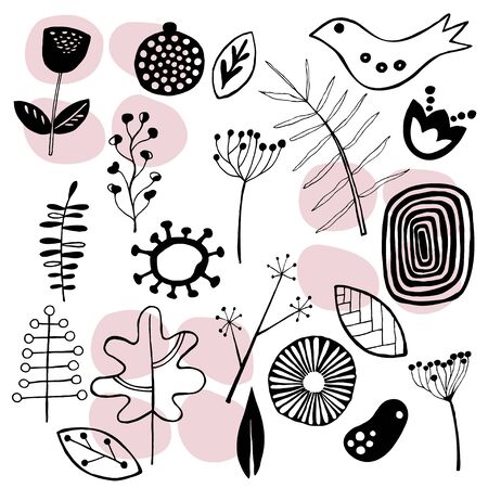 Hand drawn pattern with abstract scandinavian nature elements on white background with pink spots. Doodle template for design. Vector illustration eps8のイラスト素材