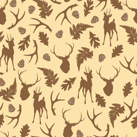 Autumn forest seamless pattern with deer silhouette. Vector illustrationのイラスト素材