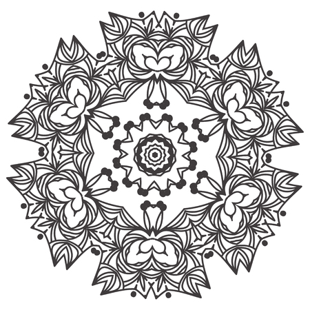 Ethnic Fractal Mandala Floral Doodle Pattern - Coloring page for adults. Isolated on white. Vector illustrationのイラスト素材