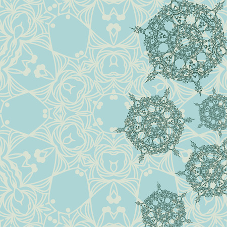 Green background with abstract arabesque snowflakes for card or invitation. Copy space. Vector illustrationのイラスト素材