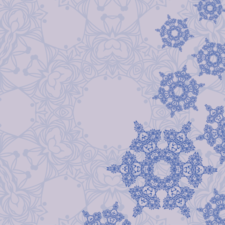 Blue background with abstract arabesque snowflakes for card or invitation. Copy space. Vector illustrationのイラスト素材