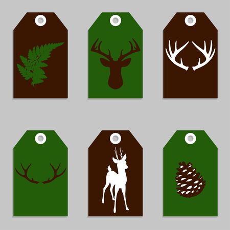 Set of green and brown woodland gift tags with forest elementsのイラスト素材