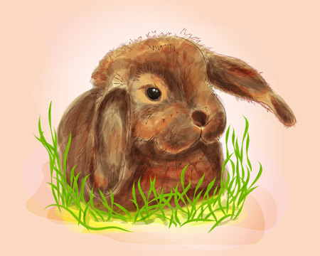 Digital illustration of cute bunny in grass. Watercolor techniqueの写真素材