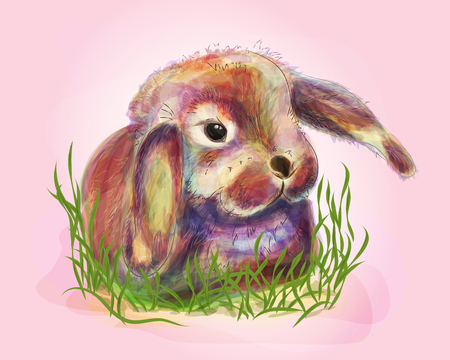 Digital illustration of cute bunny in grass. Watercolor techniqueの写真素材