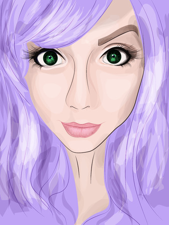 Portrait of a young girl with big green eyes and purple hair. Watercolor technique. Vector illustration eps 10のイラスト素材