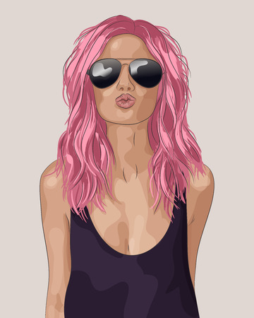 Portrait of a fashion girl in sunglasses with long pink hair sends air kiss. Vector illustrationのイラスト素材