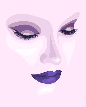 Beautiful makeup face with purple eyeshadow and lipstick. Abstract fashion portrait. Vector illustration eps 10のイラスト素材