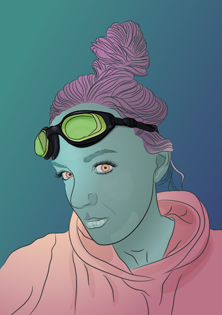 Alien green skin girl portrait with pink hair. Vector illustrationのイラスト素材