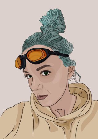 Fancy girl portrait with green hair and orange googles on a head. Vector illustrationのイラスト素材