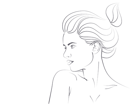 Outline portrait of beautiful woman with bun hairstyle. Vector illustrationのイラスト素材