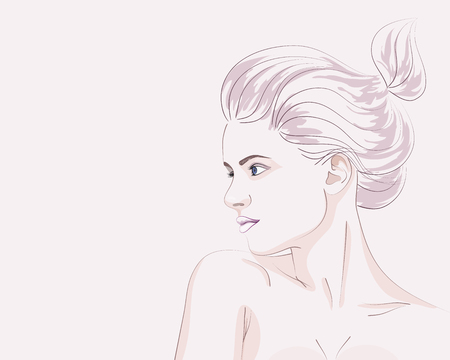 Hand drawn fashion portrait of young woman with bun hairstyle. Vector illustrationのイラスト素材