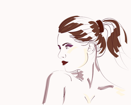 Hand drawn fashion portrait of young woman with ponytail hairstyle. Vector illustrationのイラスト素材