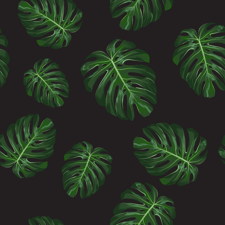 Monstera Tropical leaves seamless pattern on black background. Vector illustrationのイラスト素材