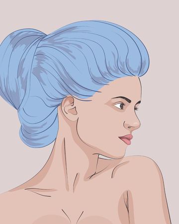Beautiful portrait of sensual young woman with blue hair bun hairstyle. Beauty, fashion, cosmetology concept. Vector illustrationのイラスト素材