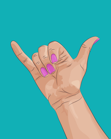Shaka surf hand sign. Woman's hand with pink fingernails on blue background. Vector illustrationのイラスト素材