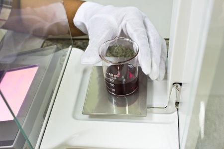 Chemical test in laboratory  - beaker with chemical on the electronic balance.