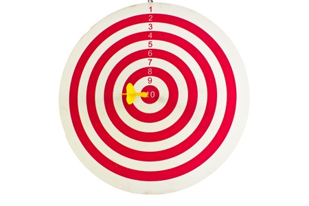 Colorful darts at a target. Red dart hit the aim.の写真素材