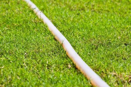 Close up of rubber tube on green grassの写真素材
