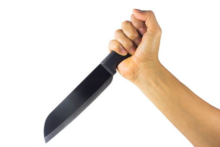 hand with kitchen knife isolated on white 