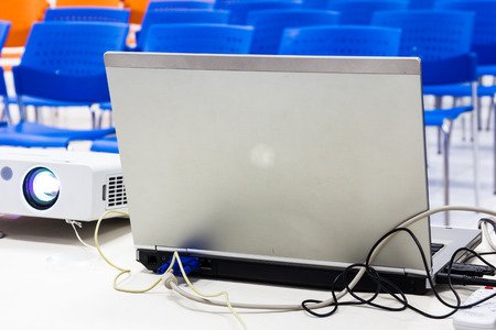 Empty conference room with laptops on tableの写真素材
