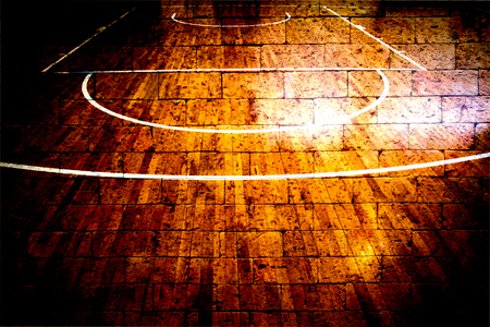 basketball court with red brick wall texture backgroundの写真素材