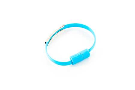 wrist band blue wire USB isolated on white backgroundの写真素材