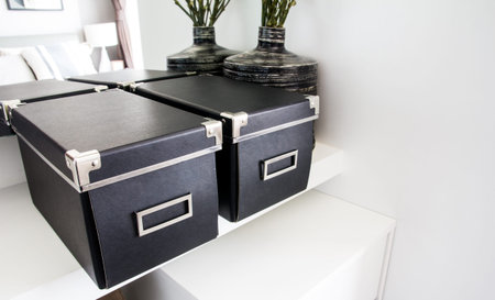 Black storage boxes in a room
