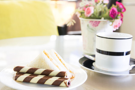 snack with sandwich in coffee shopの写真素材