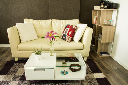Modern interior decorated with flower on tableの写真素材