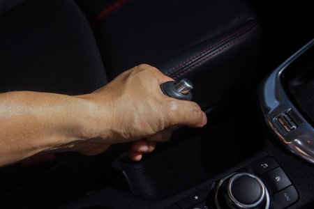 Pulling handbrake.Car Interiorの写真素材