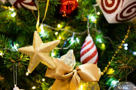 Closeup of Christmas tree decoratedの写真素材