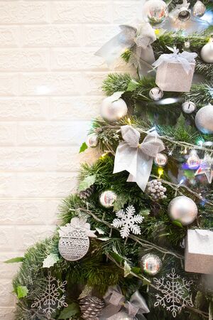 Closeup of christmas tree decoratedの写真素材