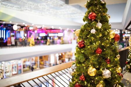 Closeup of christmas tree decoratedの写真素材