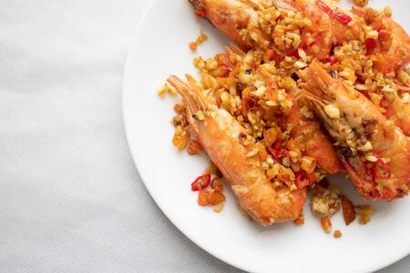 Fried prawns with garlic and chiliの写真素材