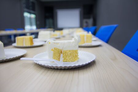 Piece of cream cake on plateの写真素材