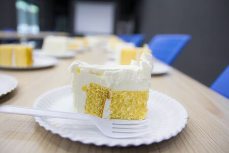 Piece of cream cake on plateの写真素材