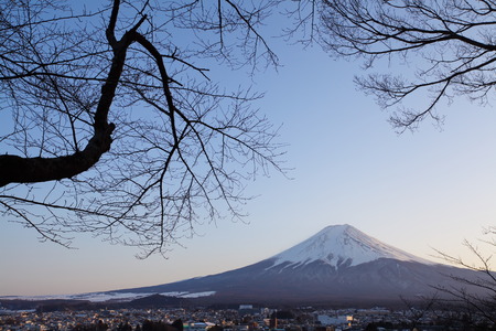 mountain fuji in winter from Fujiyoshida townの写真素材