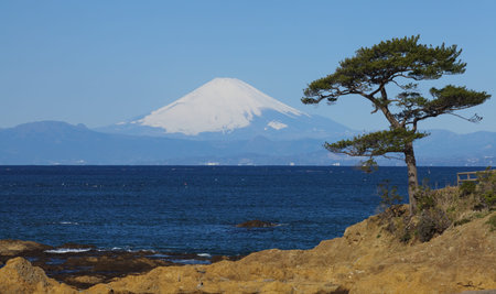 Mountain fuji and the ocean from sagami bay , yokosuka japanの写真素材
