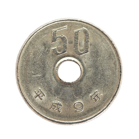 close - up 50 japanese yen coin isolated on white backgroundの写真素材